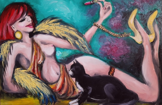 Kobieta z Kotem - sprzedam obraz olejny na płótnie - Zdjęcie 1