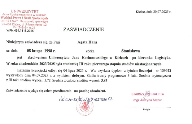 Zaświadczenie Absolwenta Uniwersytetu Lub Innej Uczelni - Zdjęcie 1