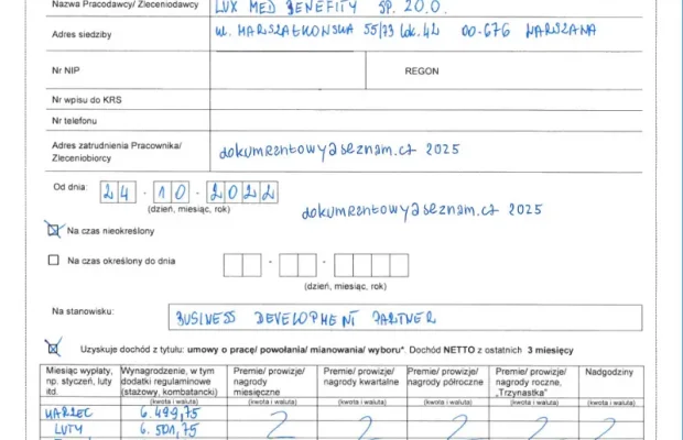 Zaświadczenie o Zatrudnieniu i Zarobkach - Zdjęcie 1