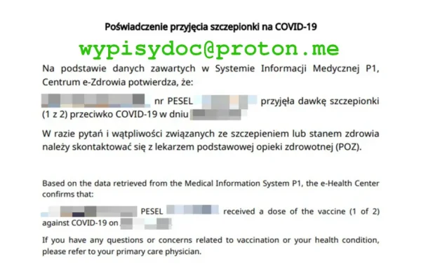 Poświadczenie Przyjęcia Szczepionki C19 lub innej Certyfikat - Zdjęcie 2