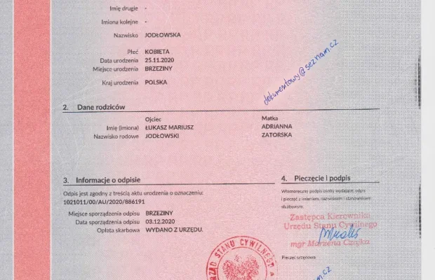 Akt Urodzenia Zgodność 1:1 - Zdjęcie 1