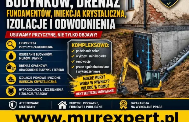 Osuszanie budynków, drenaż fundamentów, iniekcja krystaliczna, iz - Zdjęcie 1