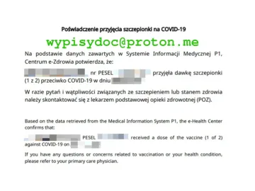 Zdjęcie: Poświadczenie Przyjęcia Szczepionki C19 lub innej Certyfikat